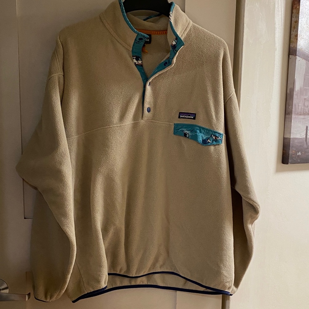 Vintage,Patagonia Beige Fleece Pullover with Teal Trim